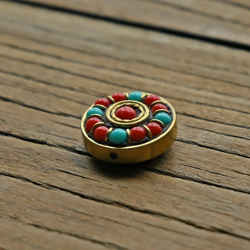 TZ001 Nepal Beads Handmade Tibetan Style Bead, Brass with Synthetic Coral Turkey stone Six-word Mantra Beads For Jewelry Making