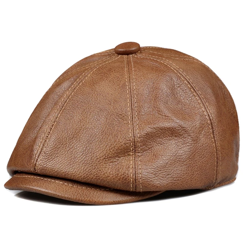 Men Genuine Leather Warm Octagonal Cap, Casual Vintage Duckbill Cap Golf Driving Flat Cabbie Hat, Winter Male Artist Gatsby Cap