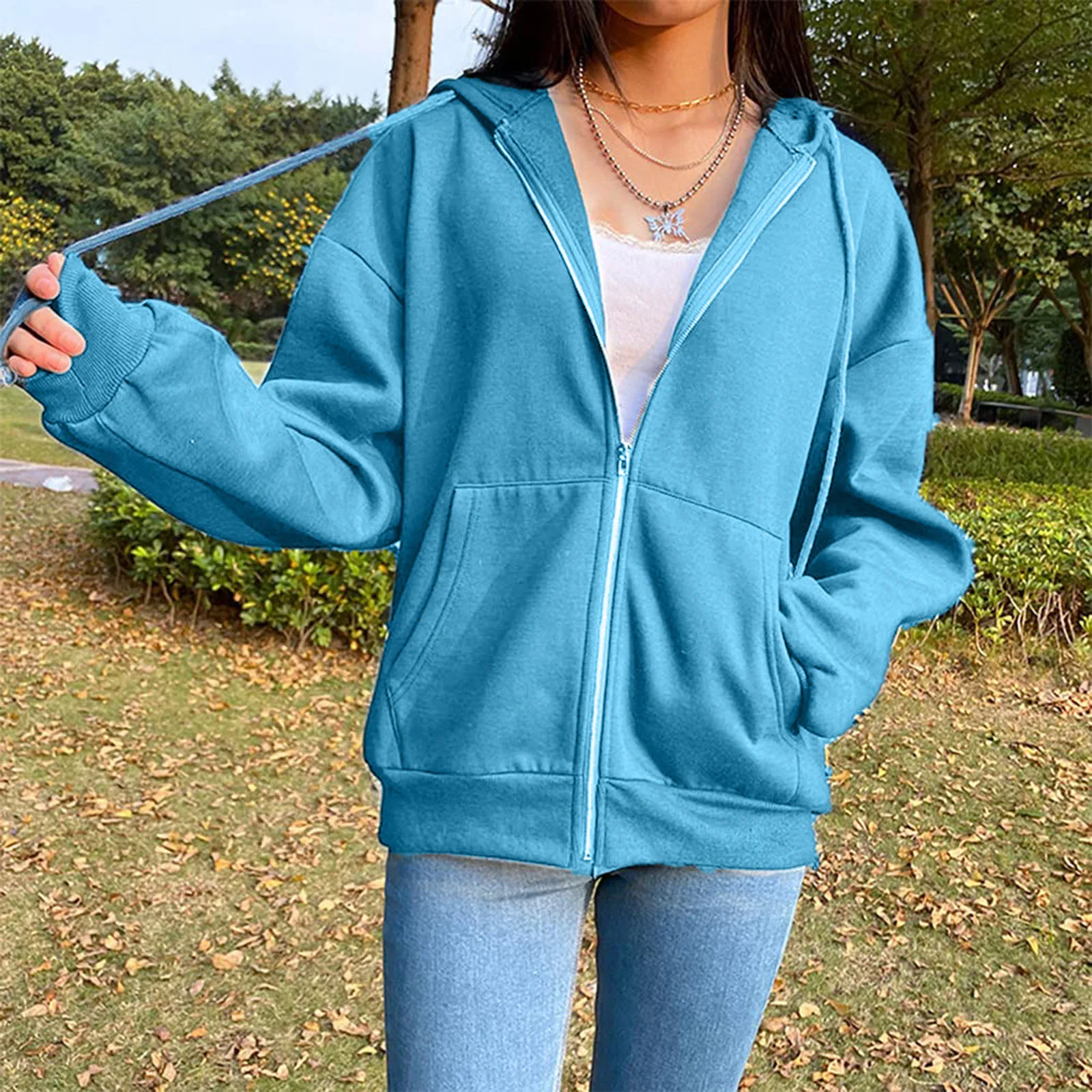 Blue Zip Up Hooded Sweatshirts Women 2022 Vintage Pockets Oversized Jacket Coat Autumn Female Y2k Long Sleeve Hoodies Mujer