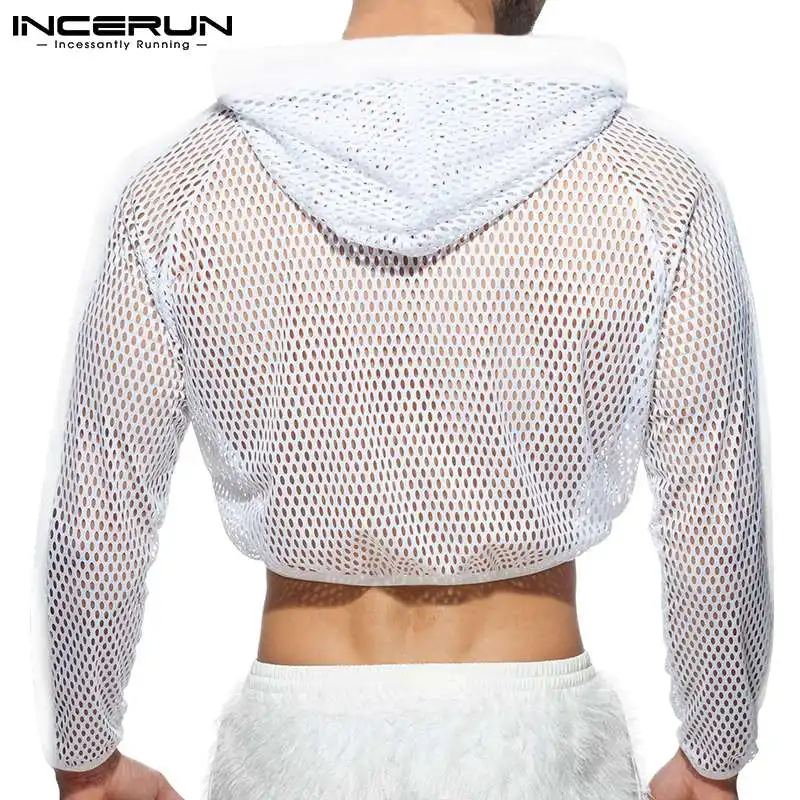 INCERUN 2024 Men Mesh Crop Tops Hooded Solid Color See Through Sexy Casual T Shirt Workout Outerwear Zipper Streetwear Camisetas