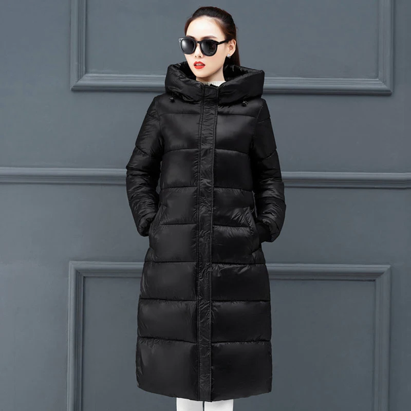 Plus size x-long jacket women Nice winter solid mujer parkas hooded stand collar slim thicken office ladies cotton kurtka damska