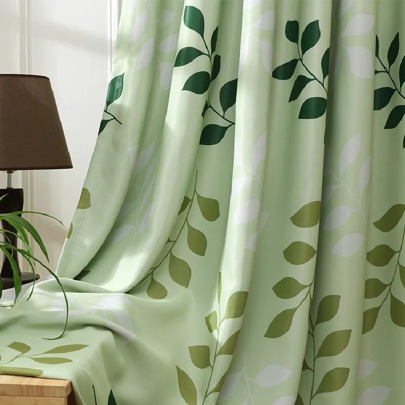 Modern Blackout Curtains for Living Room, Window Blinds Print, Finished Drape, Home Decoration, Green and Blue Leaf