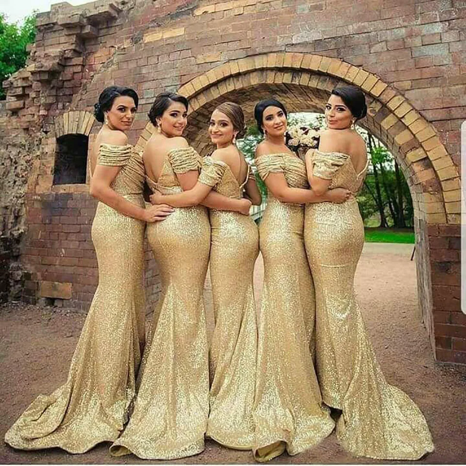 

Sequined Gown Mermaid Trumpet Bridesmaid Dresses Gold Prom Party Gown Sweetheart Off-Shoulder Formal Dresses