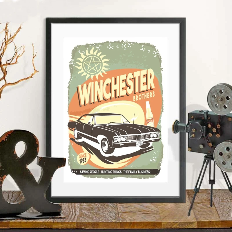 Sam & Dean Winchester Brothers Poster Print Supernatural Tv Show Canvas Painting Retro Impala Car Sign Wall Picture Home Decor