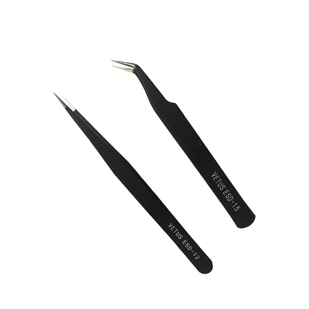 Pinzas de acero inoxidable para extensión de pestañas, 2 piezas, antiestáticas, color negro, herramientas de maquillaje profesional para cejas