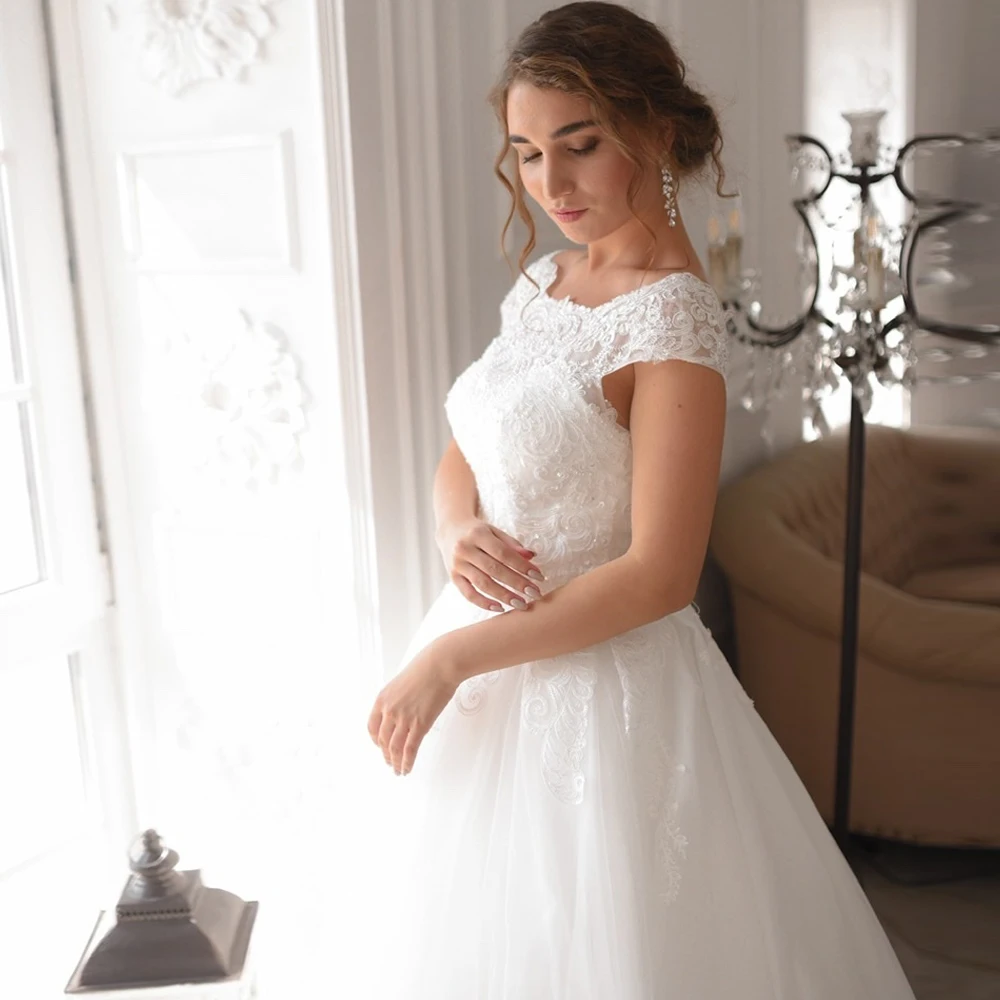 Vestido de noiva rendado, elegante vestido de casamento linha a, cabo de tule, com manga longa