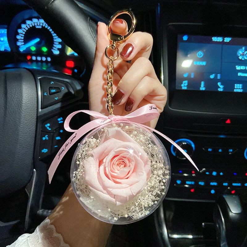 Rose Keychain Pendant Transparent Plastic Eternal Flower Key Chain Women Car Handbag Keyring Valentines Day Birthday Gift