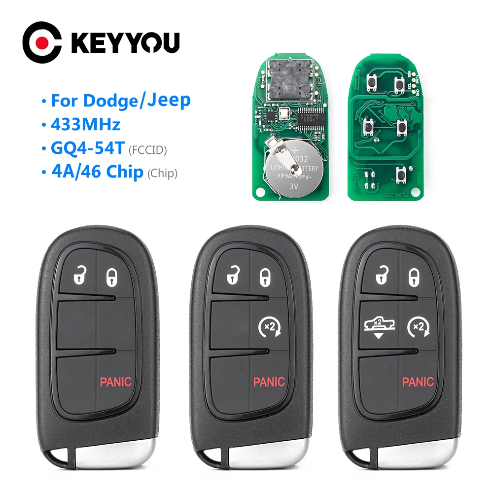 

KEYYOU 5X 433Mhz 4A / 46 Chip Remote Car Key for Jeep Cherokee Durango Chrysler 1500 2500 3500 2013-2017 GQ4-54T 2/3/4/5 Buttons