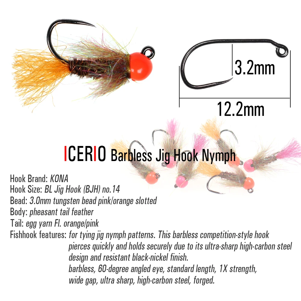 ICERIO 6PCS Tungsten Bead Barbless Jig Hook Nymphs Flies Salmon Trout Fishing Fly Lure Bait Czech Nymph Hook Tying Fly