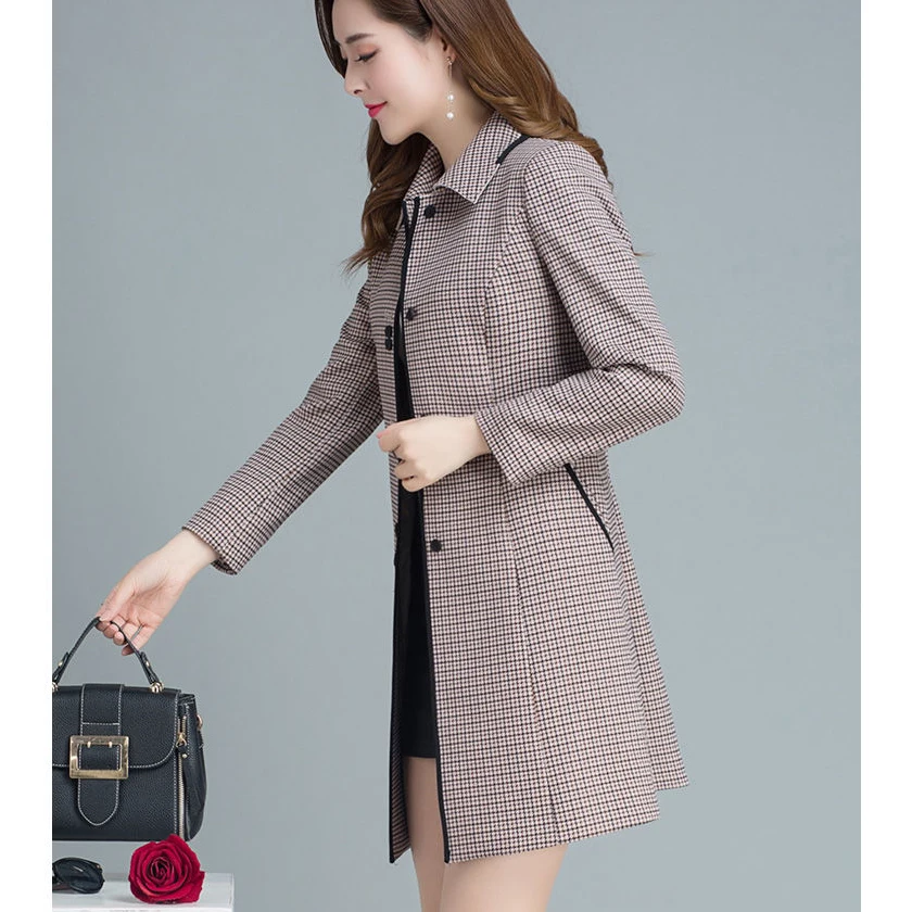 Women Plaid Wool Coat New Autumn Winter Jacket Mid-Long Slim  Ladies Single Breasted Elegant Woolen Coats Outerwear Female Tops