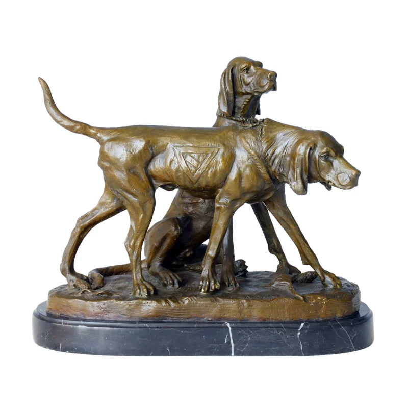 Couple Dogs Statue Animal Sculpture Art Bronze Marble Base Wonderful Living Room Indoor Decoration