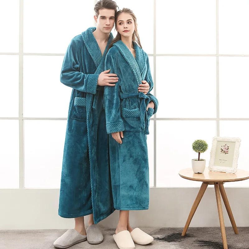 Lovers Couple Flannel Nightwear Winter Thicken Warm Soft Robe Gown Sleepwear Purple Women Men Coral Kimono Bathrobe Gown