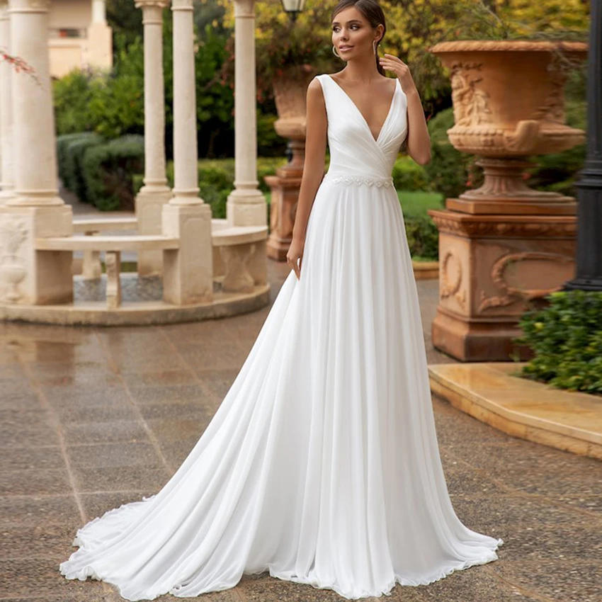 Elegant V Neck Beading Chiffon Wedding Dresses Customized Sleeveless Backless Bridal Gowns Women Formal Party Robe De Mariee