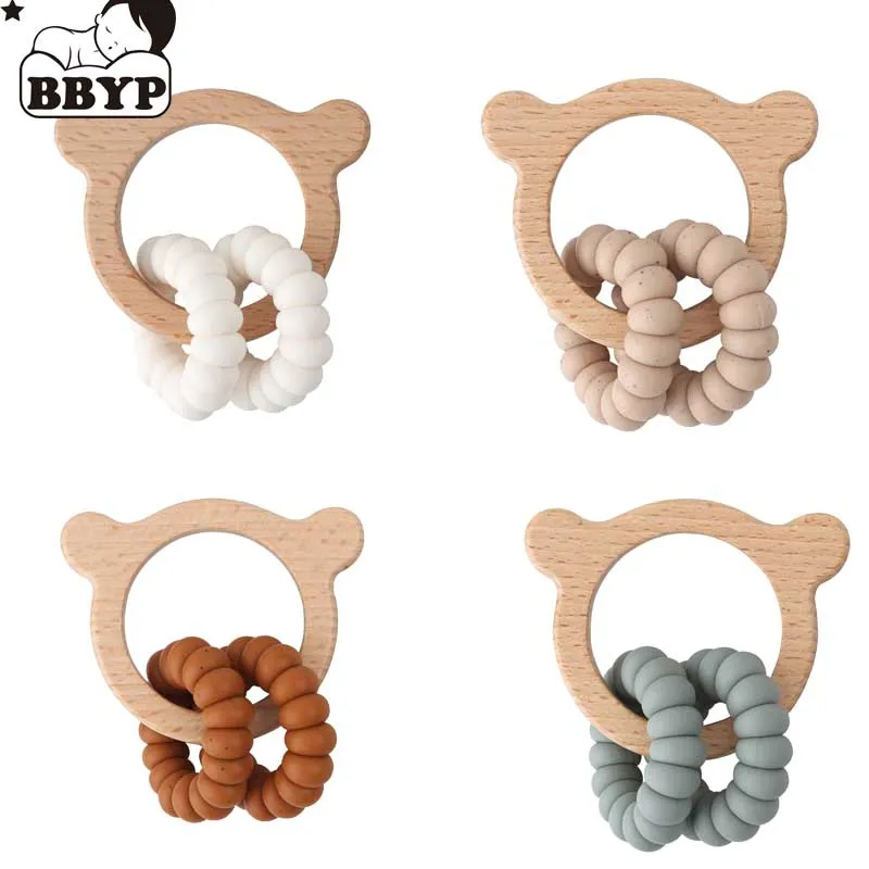 

Baby Silicone Beads Teether Wooden Ring Rattle Nursing Chewing Teething Toy Bracelet Molar Soother BPA Free Shower Gifts for New