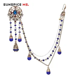 Sunspicems Vintage Long Drop Earrings Link Headdress Natural Stone Bead Chain Indian Women Wedding Jewelry Bun Wholesale 2019