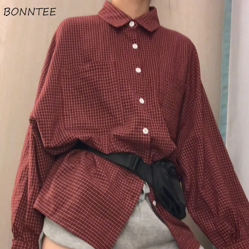 Shirts Women Retro Plaid College New Vintage Ulzzang All-match Pockets Button Up Tops Harajuku Spring Loose Students Popular Ins