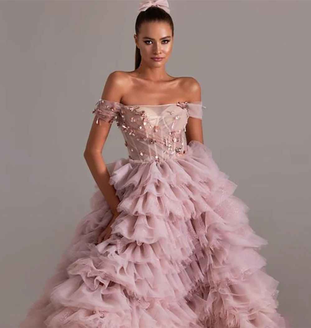 Sevintage Elegant Pink Tiered Evening Dress Crystal Beading Off the Shoulder Prom Gowns Sequined A-Line Evening Dresses