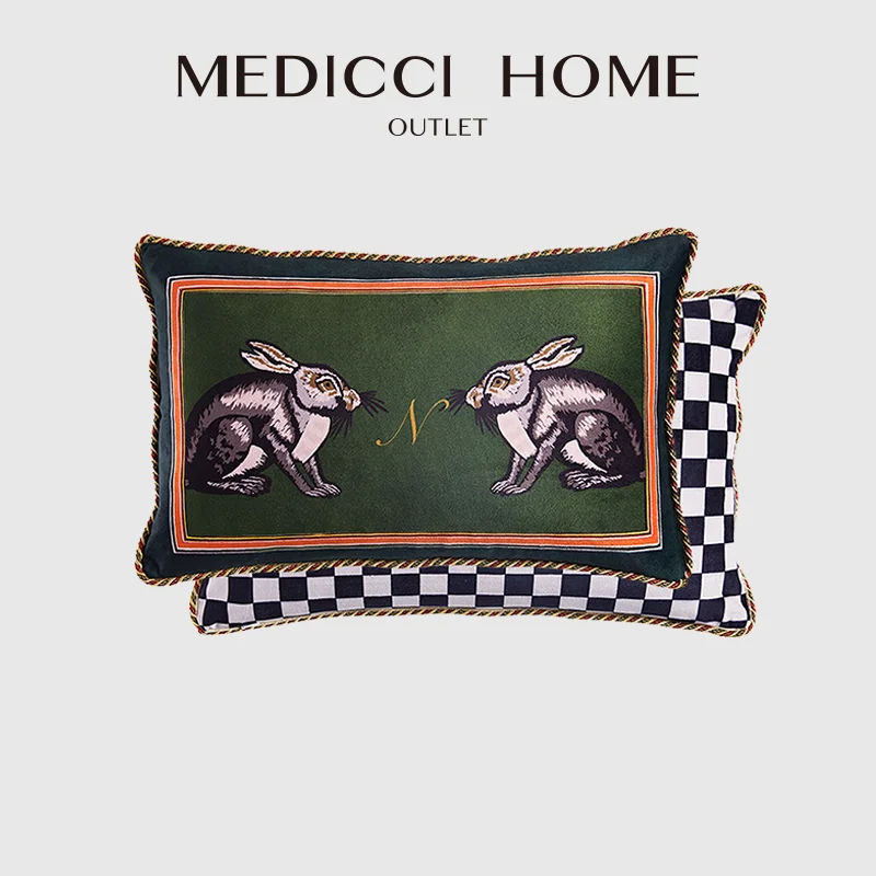 

Medicci Home Velvet Lumbar Pillow Case Vintage Style Double Rabbit Print Unique Design Living Room Bedroom Decor Cushion Cover