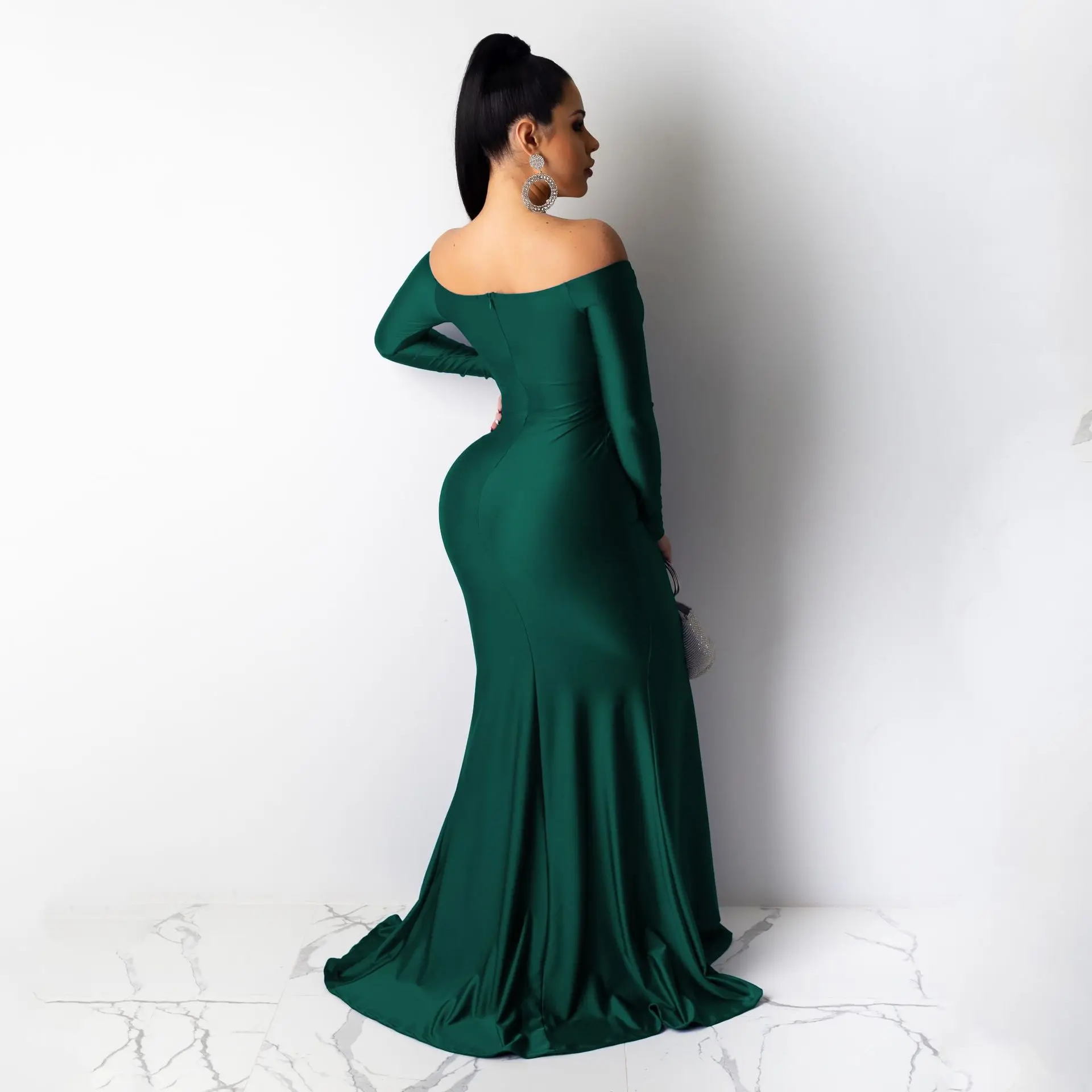Fall Winter Women Off Shoulder Plunging V-neck High Side Split Mermaid Maxi Red Dress Sexy Night Party Club Long Dresses