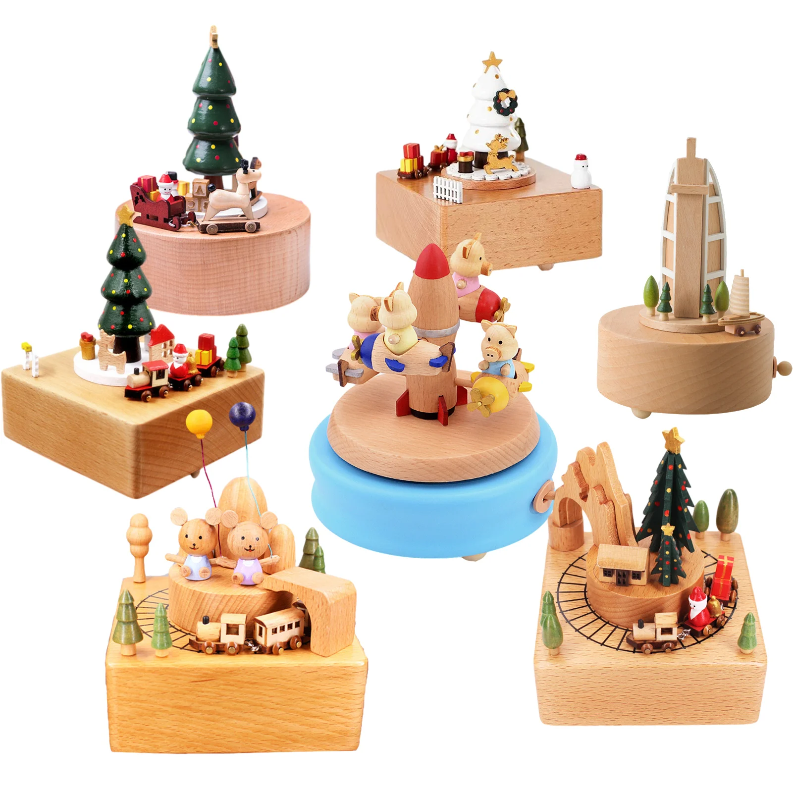 Rotating Wooden Music Box Clockwork Craft Santa Claus Christmas Tree Tunnel Train Roller Coaster Music Box Christm Birthday Gift