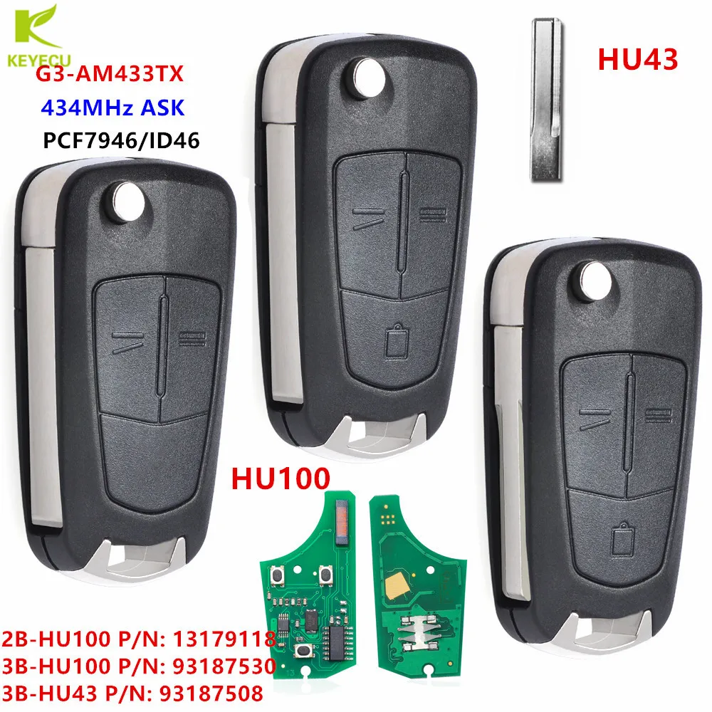 KEYECU Replacement Flip 2/3Buttons Remote Key Fob 433MHz PCF7946 for Vauxhall/Opel Vectra C,Signum 2003-2007 Uncut HU43 or HU100