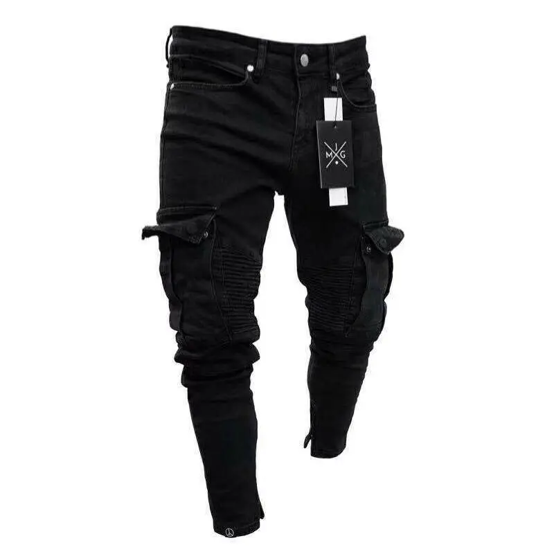 Pantalones Cargo ajustados de pierna recta para hombre, pantalón vaquero informal, color negro, urbano, a la moda, S-3XL