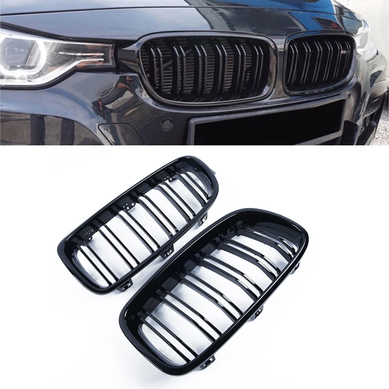 2pcs Grill Gloss Black Twin Fins Front Kindey Grille Front Surround/Radiator Guardrail For BMW F30 F31 320i 328i 2012-2014