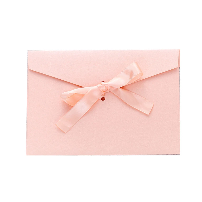 Vintage Colorful Pearlescent Paper Envelope with Bow Ribbon, Gift Window Envelopes Wedding Invitation Postcard Envelope