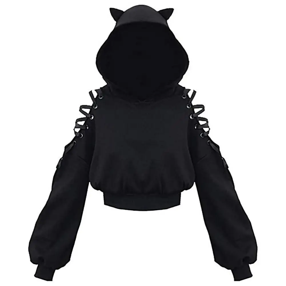 Gothic Punk Black Women\'s Cat Ear Hoodie Pullover Long Sleeve Hooded Sweatshirt Cute Lace Up Blouse