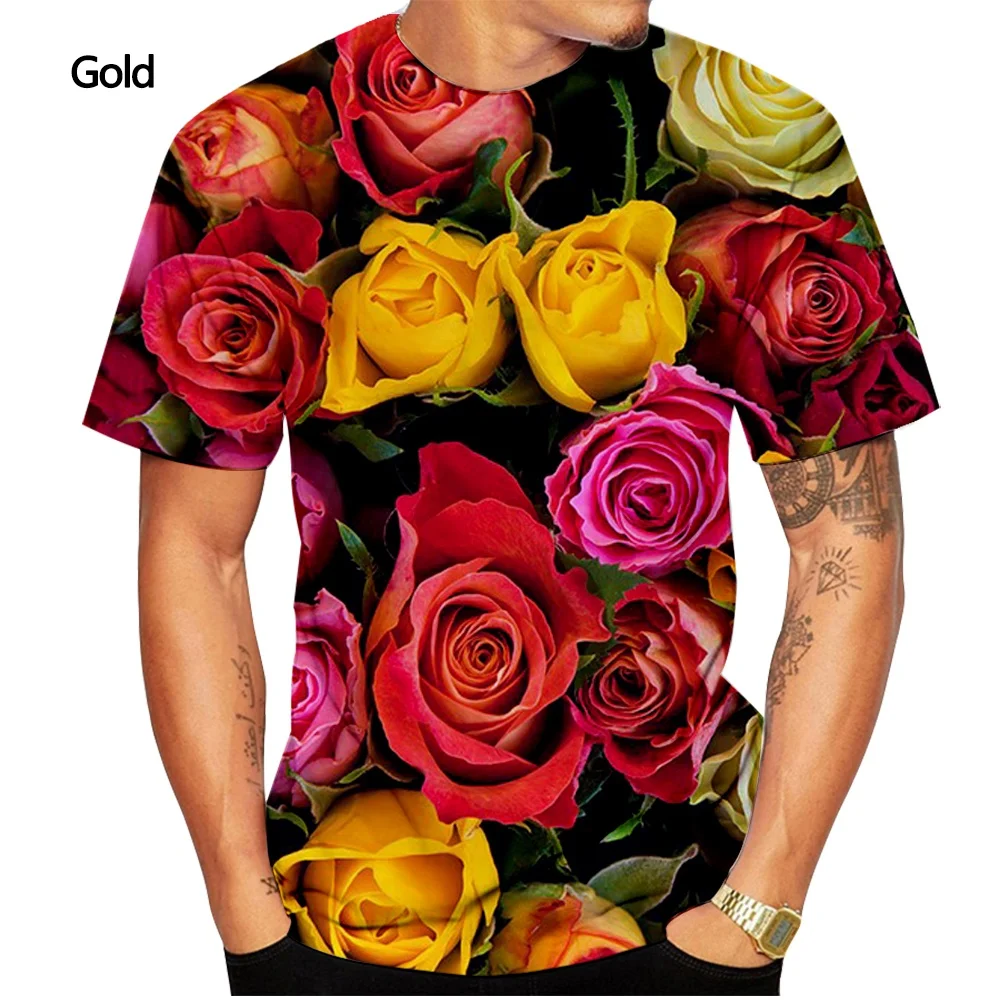 Rose T-shirt Men\'s Fashion 3D Printing T-shirt Summer Casual Short Sleeve Flower Shirt Top