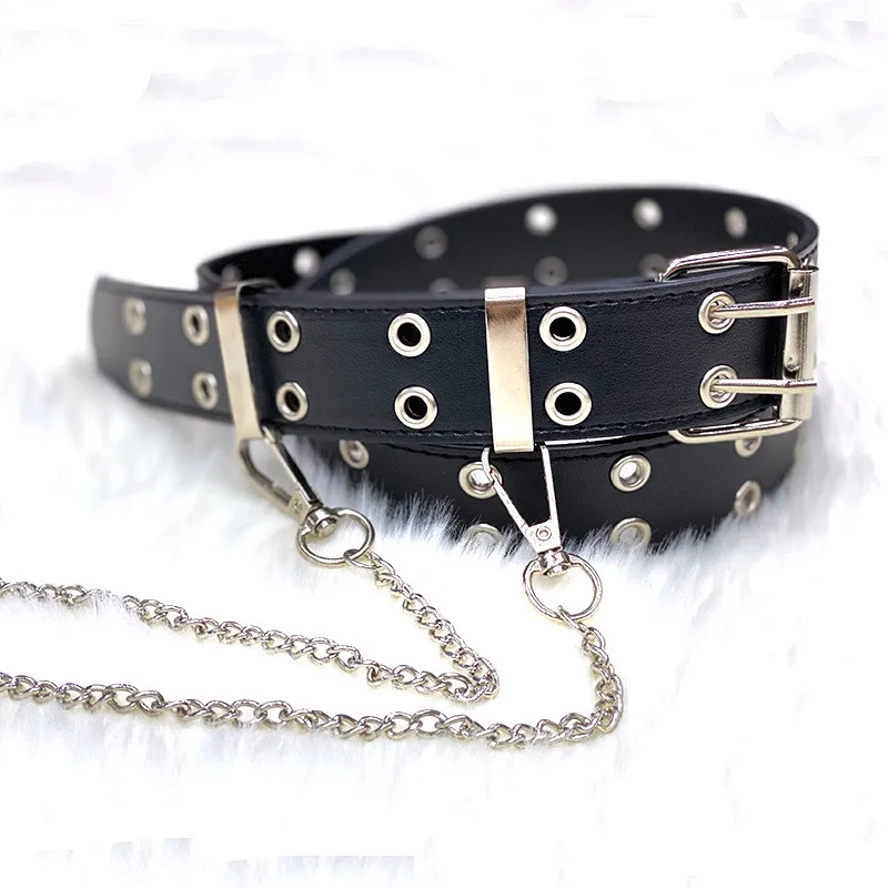 Punk PU Leather Waist Belt New Hip-hop Fashion Pin Buckle Black Adjustable Waistband With Chain For Ladies Girls Women Jeans