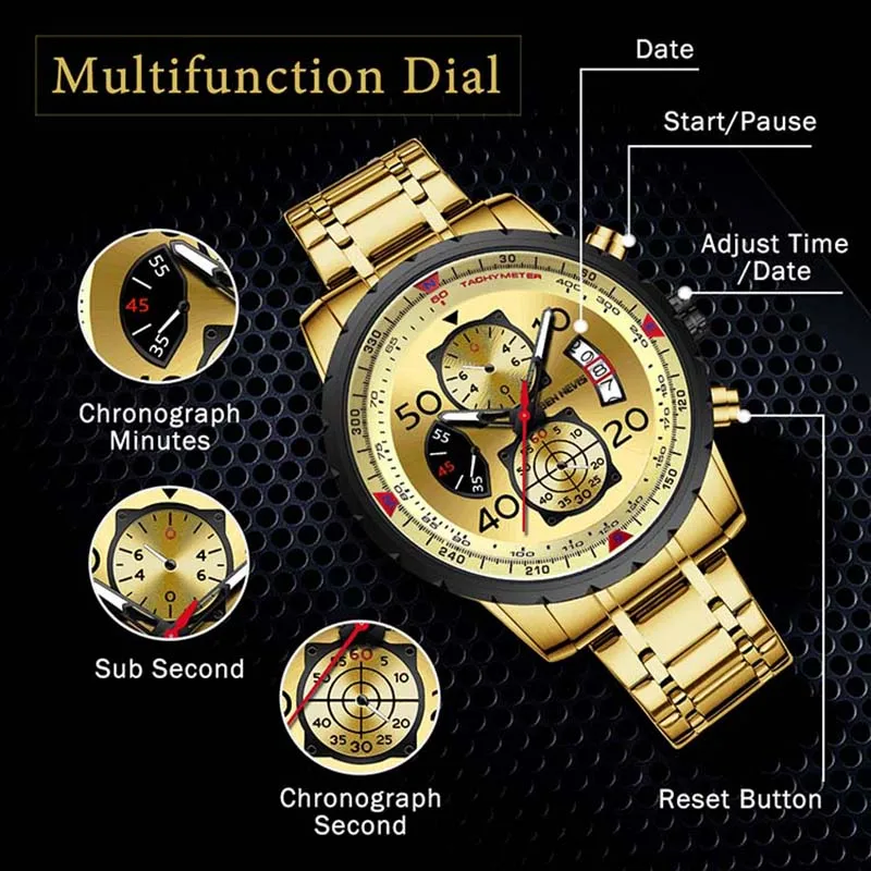 Top Brand New Full Gold Aço Inoxidável Data Relógios De Vidro Relógio Automático Moda À Prova D 'Água Sports Men Watch QW015