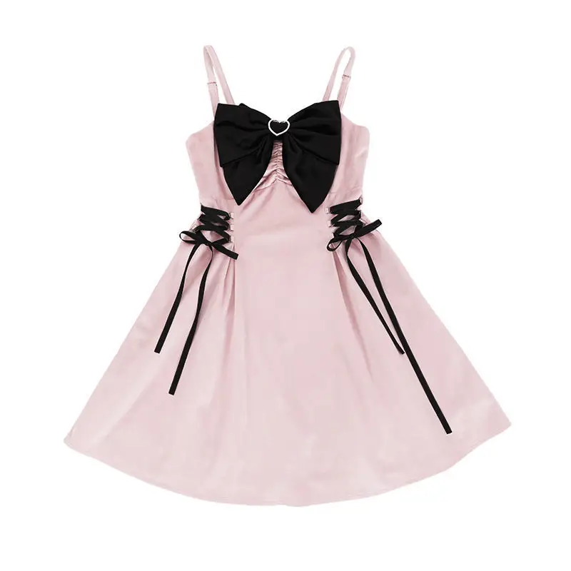 Różowa sukienka Lolita Kawaii Bow Bandage Slip Dresses Women Goth Black Sexy Sleeveless Y2k Female Party Sweet Cosplay Strap Dresses