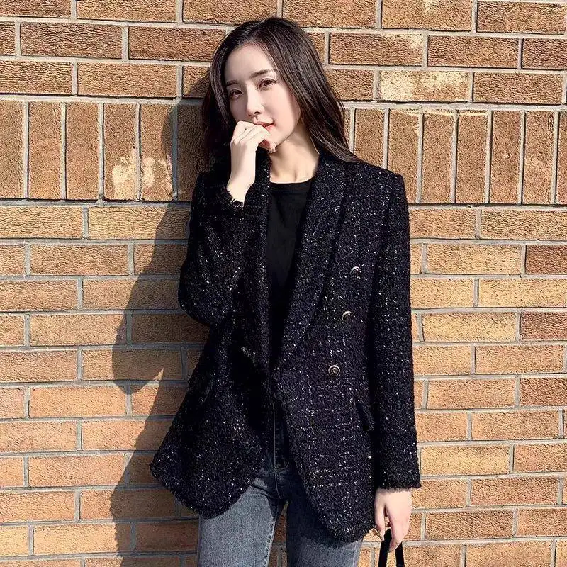 Winter Women Fashion Tweed Double Breasted Black Blazer Coat Vintage Long Sleeve Flap Pockets Female Outerwear Chic Suit Femme