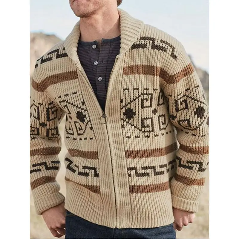 Men's Lapel Cardigan Printed Decor European And American Hand Knitting Wool Soft Stretchy Coat Loose Various Size Male Sweater