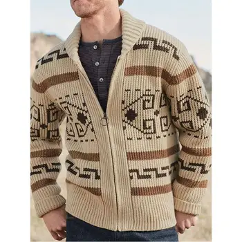 Cardigan de lapela masculino impresso decoração europeu e americano mão tricô lã macio elástico casaco solto vários tamanhos camisola masculina