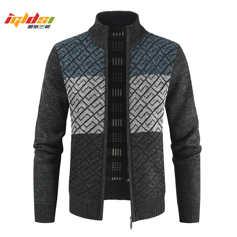 

Men's Fashion Patchwork Winter Knitted Jackets Thick Long Sleeve Sweatercoat Warm Stand Collar Fall Tide Casual Cardigan