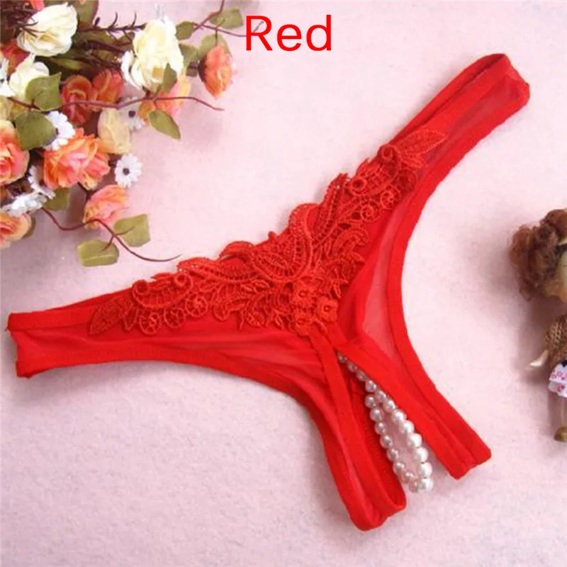 

Woman Panties Open Lace Crotch Thong Pearl Cute Embroidery Women Underwear G String Sexy Temptation Panties Low Rise