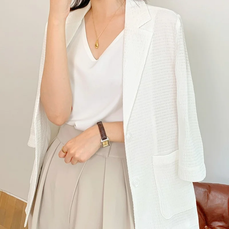 Vintage White Suits Jackets Womens Summer New Office Lady Elegant Single Breasted Pockets Notched Solid Fashion Casual Coat