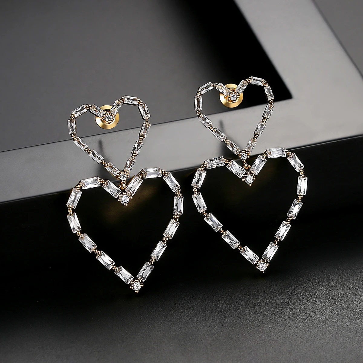 LUOTEEMI Romantic Double Heart Shape Dangle Earrings for Women Gold Silver Color Cubic Zircon Earring for Girls Wholesale Item