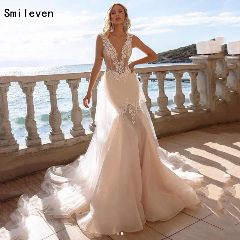 Smileven – Robe de mariée sirène en dentelle, sans manches, col en V, style Boho, avec des Appliques en dentelle, turquie, 2021