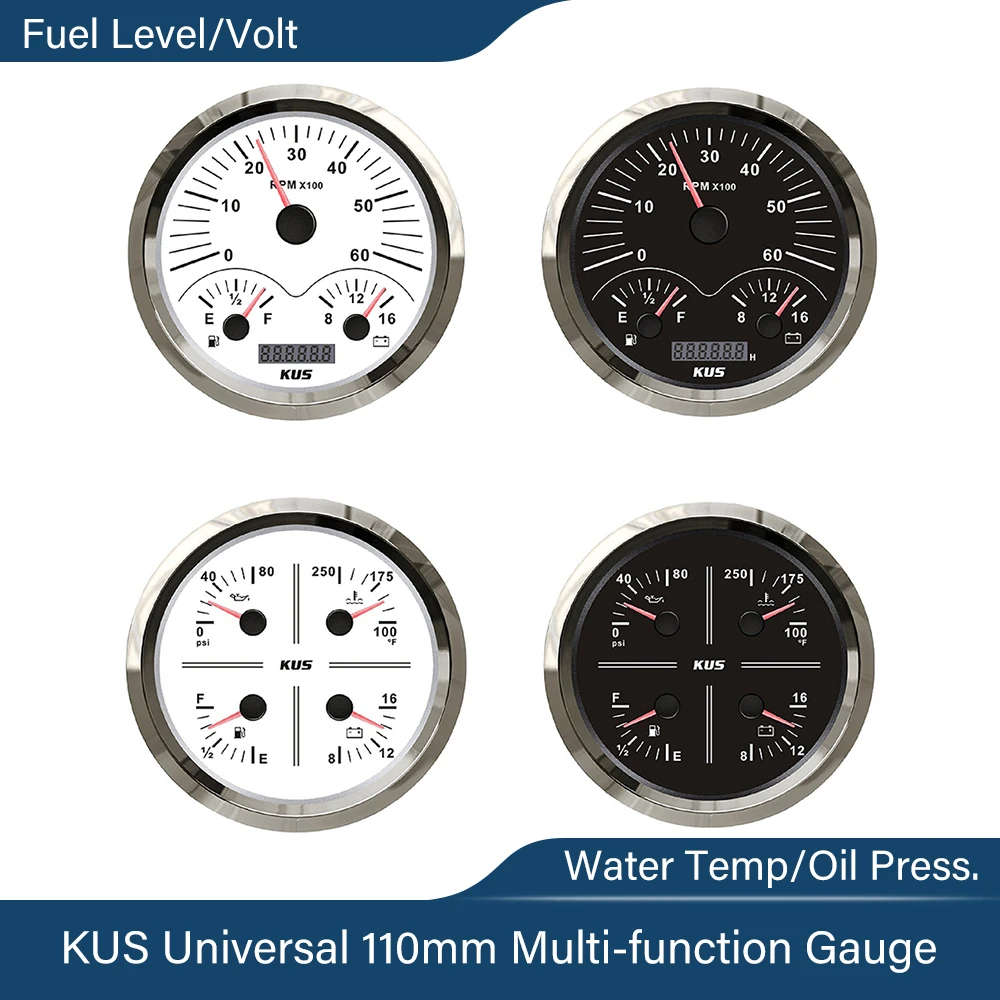 KUS New 110mm Multi-functional Tachometer 3 in 1 Meter 4 in 1 Oil Pressure Fuel Level Water Temp 12V Voltmeter with Backlight