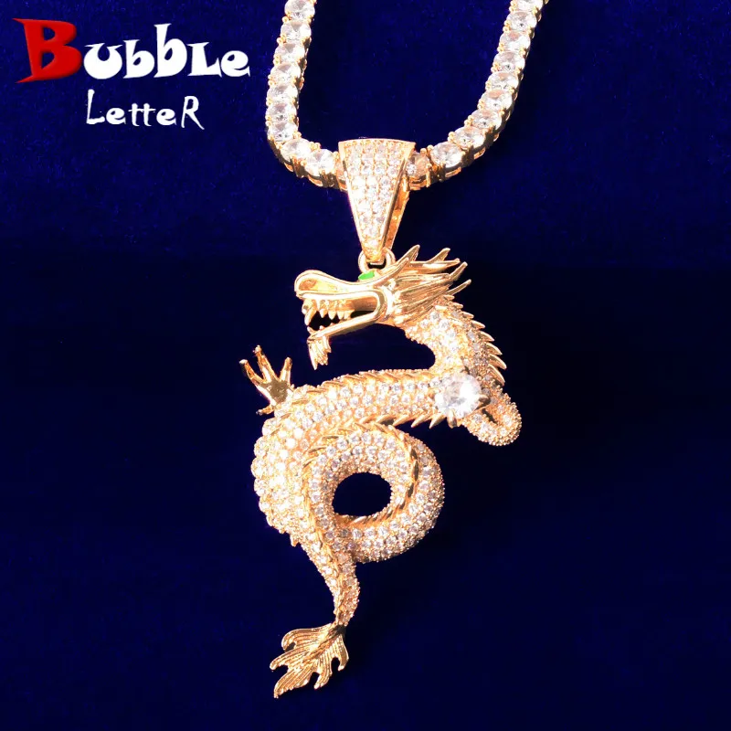 Bubble Letter Anime Dragon Pendant Bling AAA Cubic Zircon Men Necklace Iced Out Hip Hop Rock Jewelry Free Shipping Items Gift