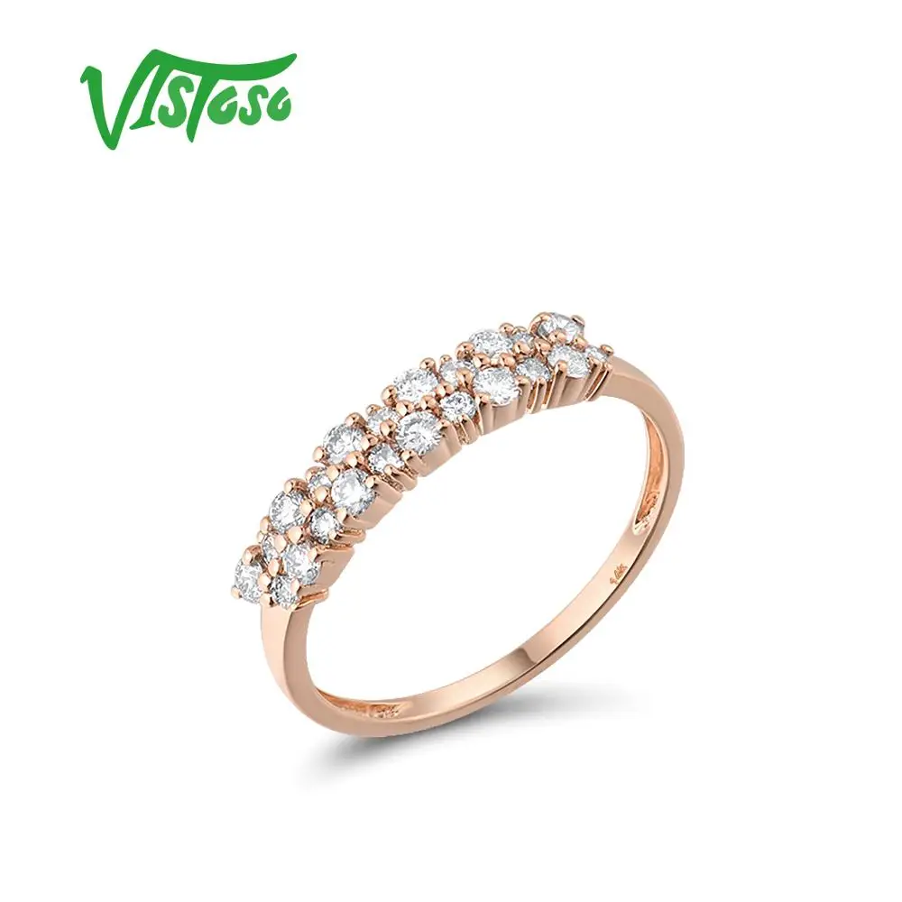 VISTOSO Genuine 14K 585 Rose Gold Ring For Women Glamorous Sparkling Diamond Promise Engagement Anniversary Unique Fine Jewelry