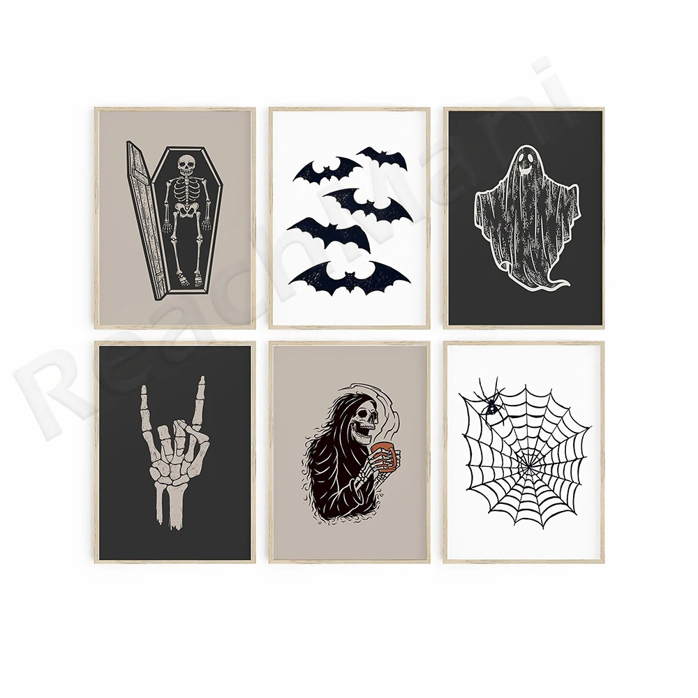 Halloween Prints,Wall Gallery Set,Halloween Poster,Printable Wall Art, Skeleton Grim Reaper,Bats Spider Web,Coffin Ghost Art