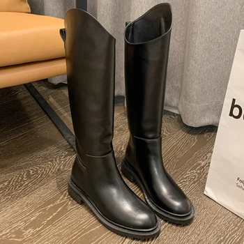 Kış Sonbahar Kadın 2025 Diz Yüksek Chelsea Çizmeler Moda Düşük Topuklu Ayakkabılar Kadın Rahat Ayakkabılar Üzerinde Kayma Bayanlar Uzun Batı Çizmeler