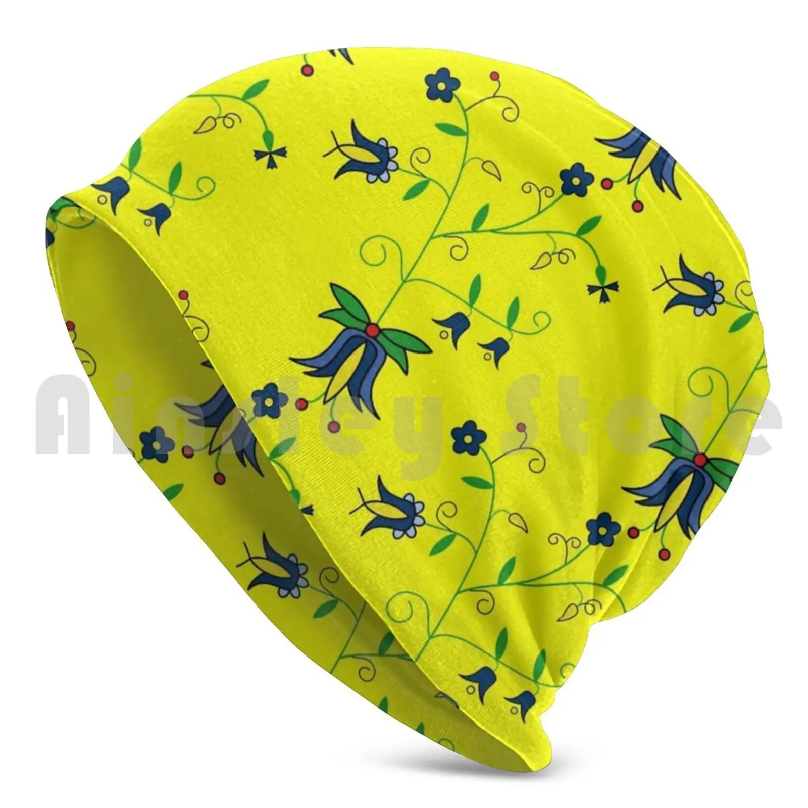 Cachoubie Flowers 01 Yellow Beanie Hedging Cap DIY Print Cushion Composition Flower Folk Kashubian Poland Polska Kaszebe