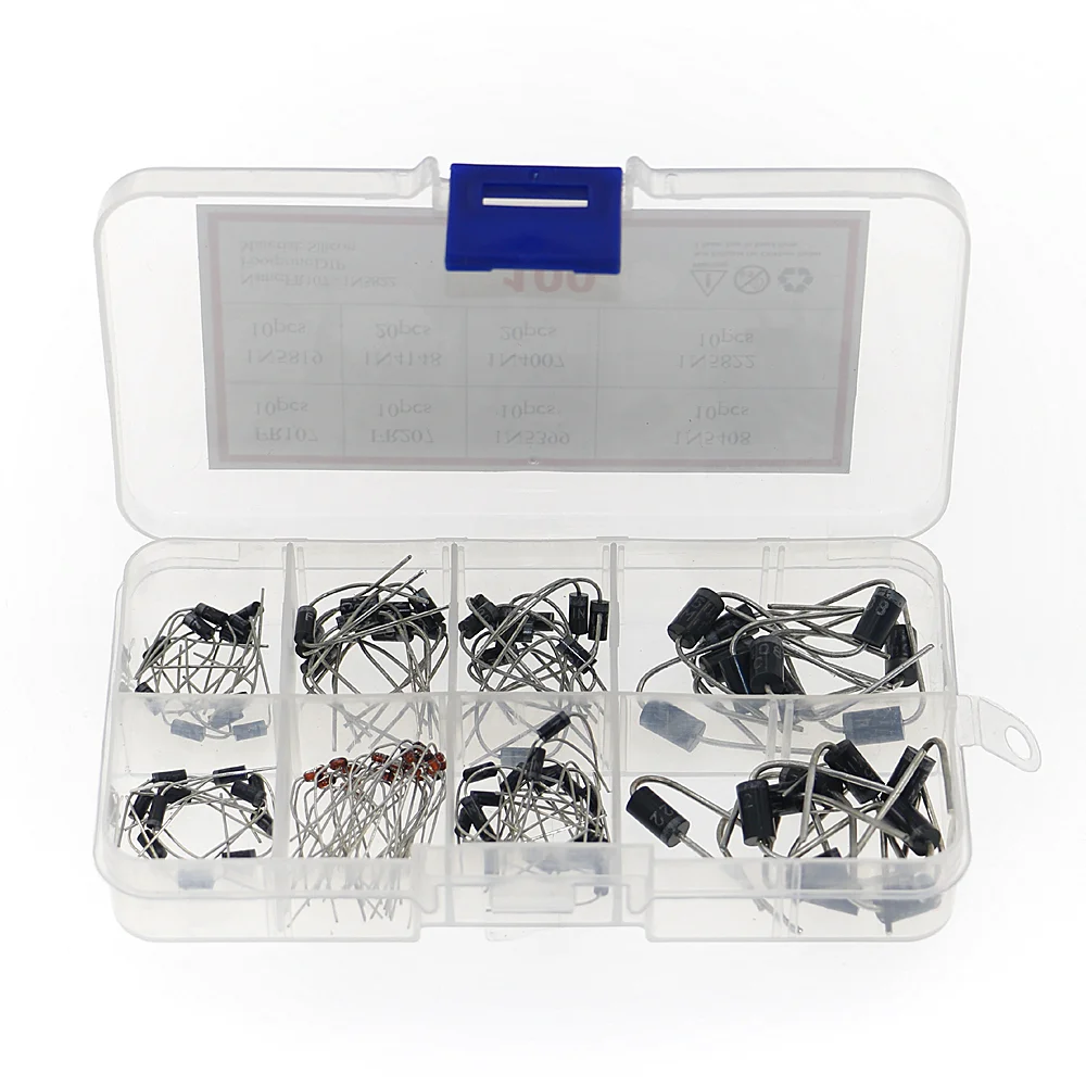 100Pcs Diodes Kit Rectifier Schottky 1N4007 1N4148 1N5817 1N5408 1N5822 1N5399 FR107 FR207 In Component Box