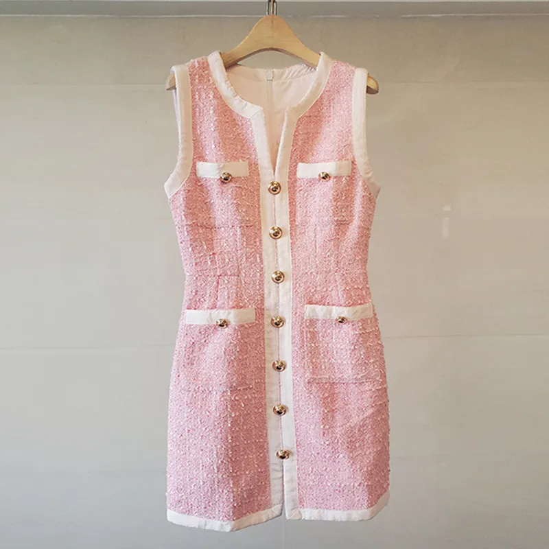 

French Luxury Celebrity Pearl Small Fragrance Tweed Dress Women Autumn 2022 Sweet Pink Sleeveless Party Dress Ropa Mujer K3351
