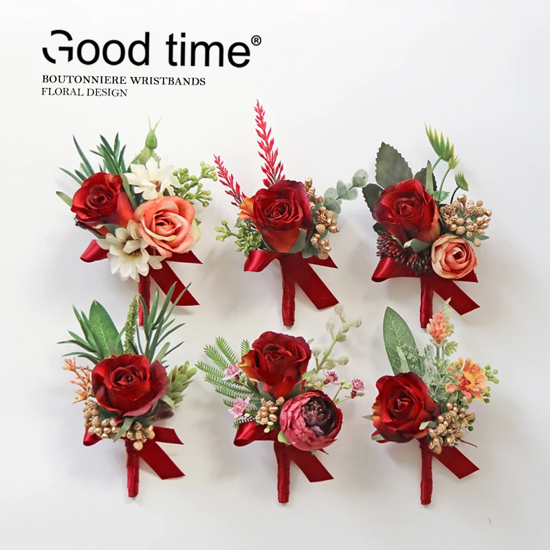 GT Lụa Corsages Boutonnieres Trang Trí Đám Cưới Hôn Nhân Hoa Hồng Cổ Tay Hoa Cho Khách Đỏ